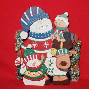 Vintage K Mart Christmas Decor Wooden Santa Snowman Reindeer Bear Free Standing